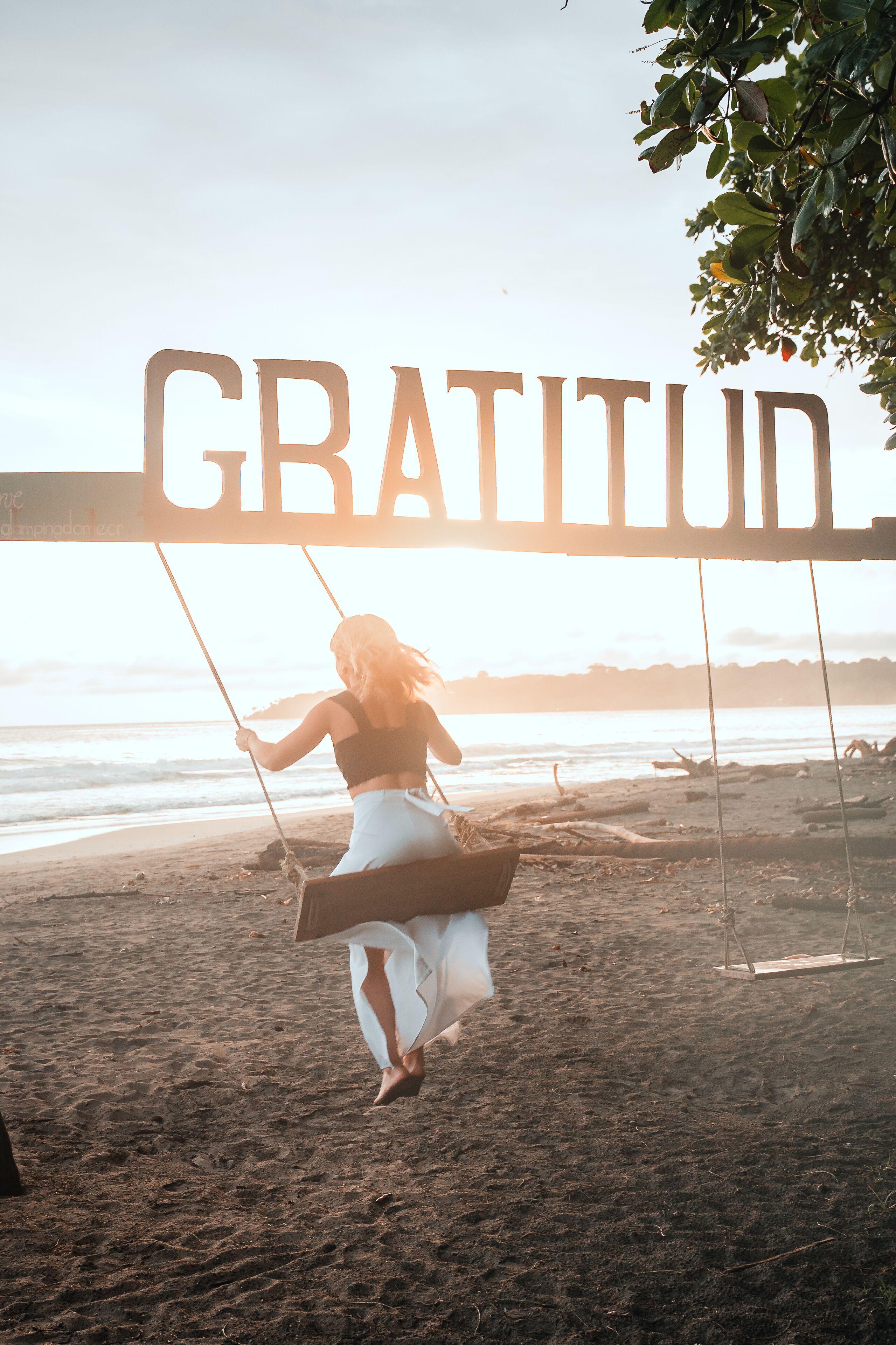 A woman swinging on a swing with the word "GRATITUDE" in the background.