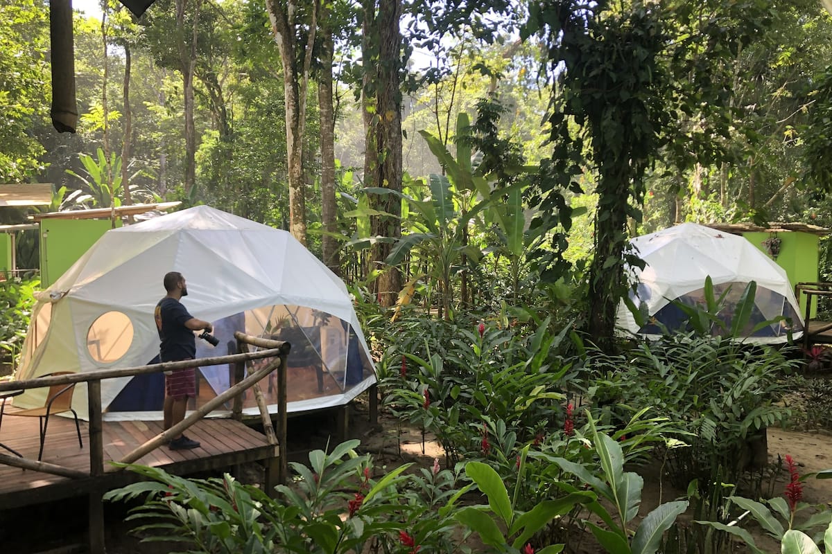 A forested area with two dome-shaped tents connected by a wooden deck.