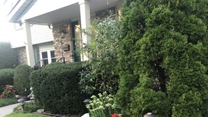 A residential property with a well-maintained lawn, a stone retaining wall, and a variety of shrubs and flowers.