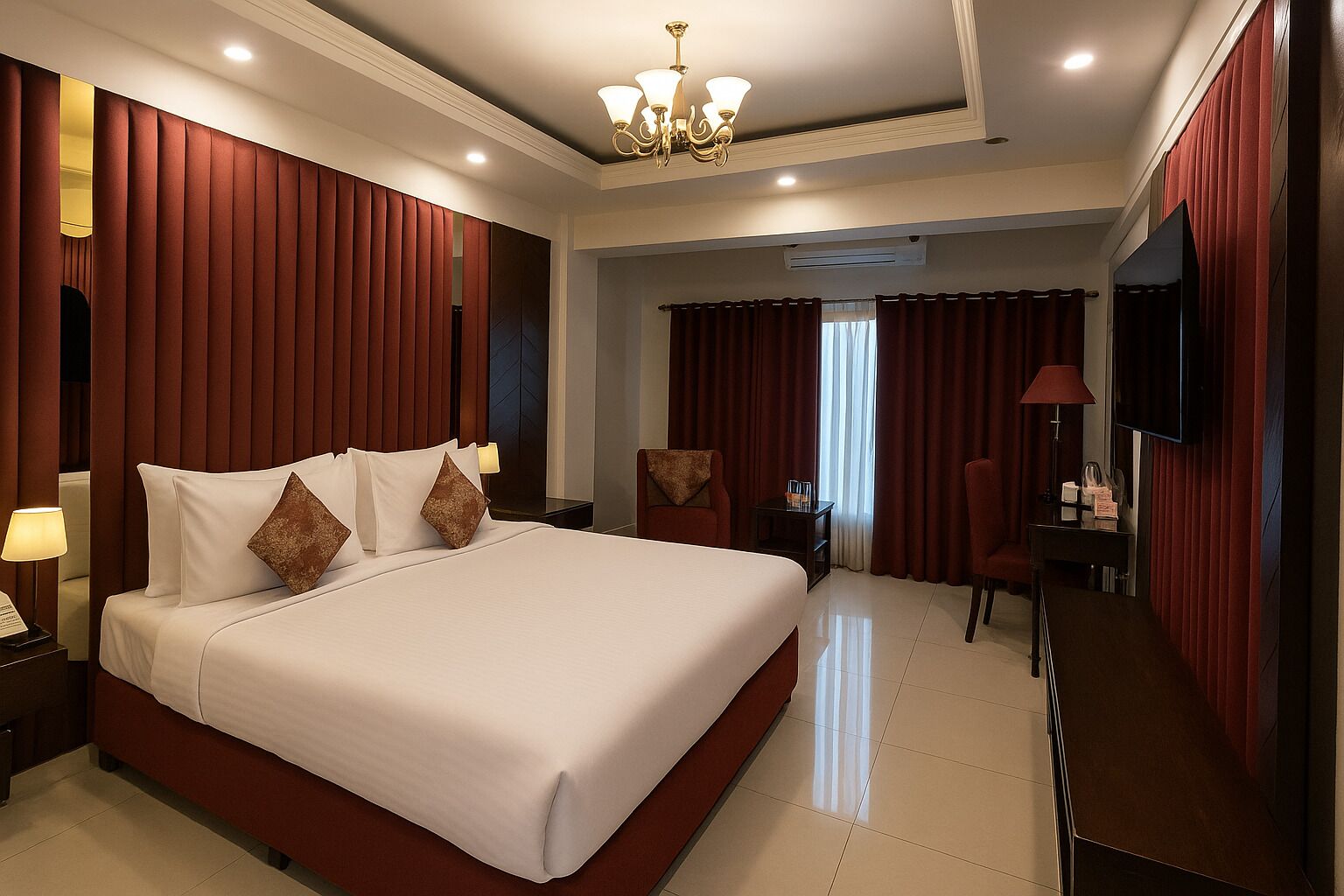 Quarto de hotel com uma cama grande, televisão, escrivaninha e uma cadeira.