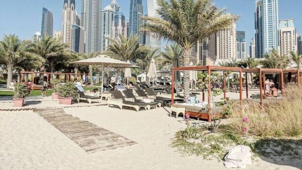 A beachside resort with sun loungers and palm trees, overlooking a city skyline.
