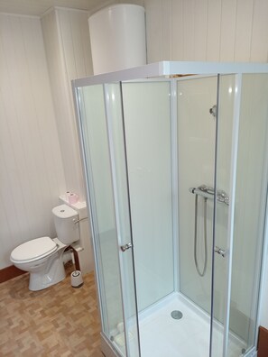 A bathroom with a glass-enclosed shower, a toilet, and a white toilet paper holder. - Quiet & Bright Apartment (Le Creusot)