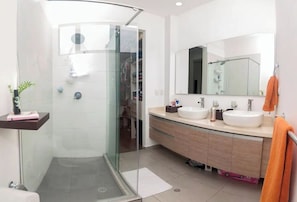 Regadera, toallas, jabón, shampoo