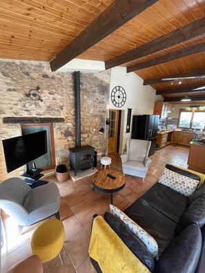 Smart-TV, Kamin, Tischtennisplatte, Bücher