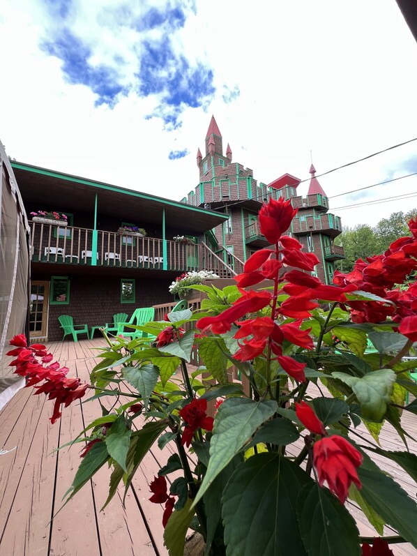 A wooden deck with green chairs, a building with a turret and red roof, and red flowers in the foreground.