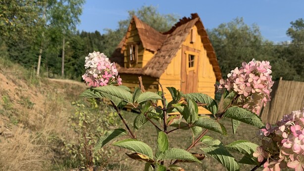 Een rustiek houten huis met rieten dak, omringd door groen en bloeiende planten.