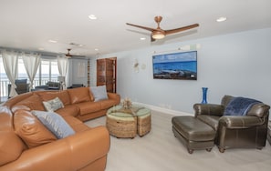 Executive Condo, 4 Bedrooms, Balcony, Ocean View | Living area | 55-inch LCD TV with digital channels, TV, Netflix - On the Rocks (Indian Rocks Beach)