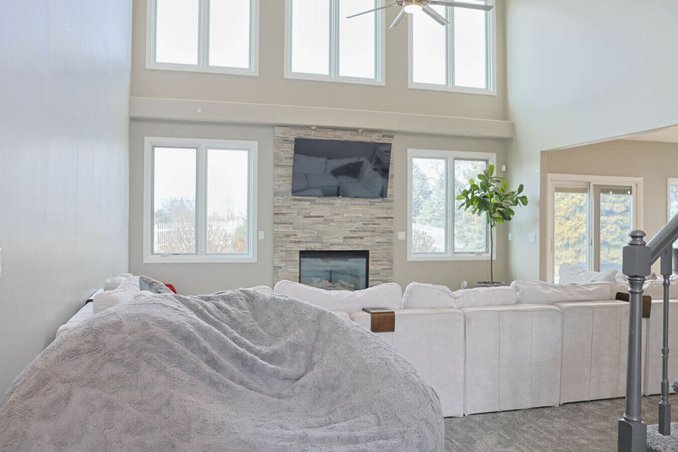 Smart TV, fireplace, foosball