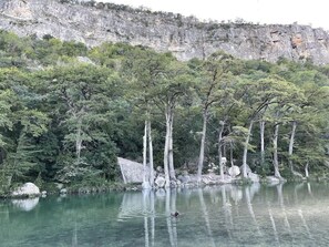 Surrounded by dense trees and a rocky cliff, this serene lake offers a tranquil atmosphere and a glimpse into the local wildlife.