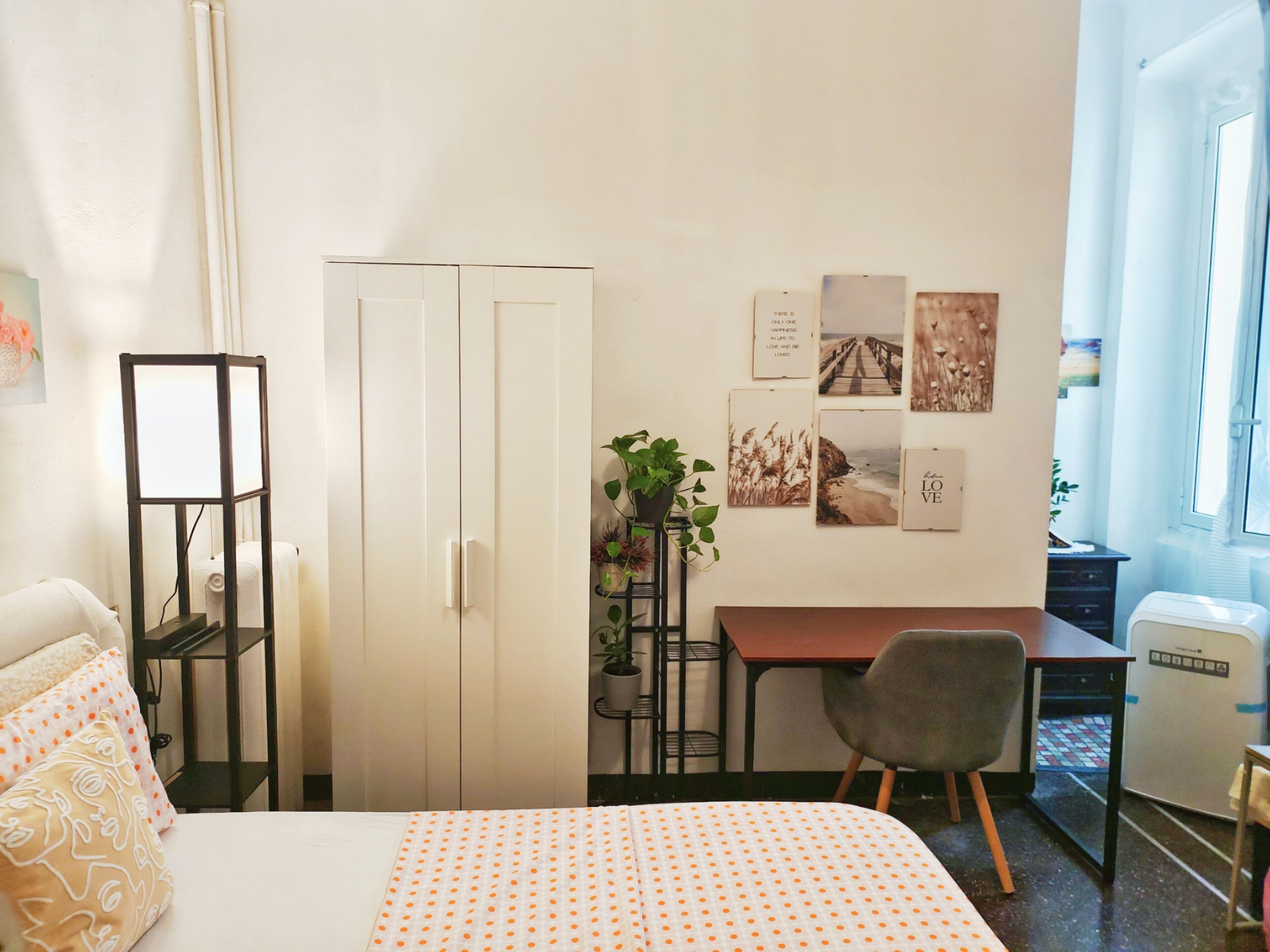 A bedroom with a bed, a desk, a chair, a wardrobe, and a small potted plant.