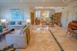 Smart TV, fireplace, books, stereo