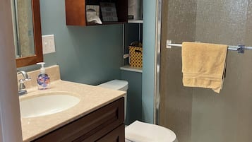 Shower, hair dryer, towels, soap