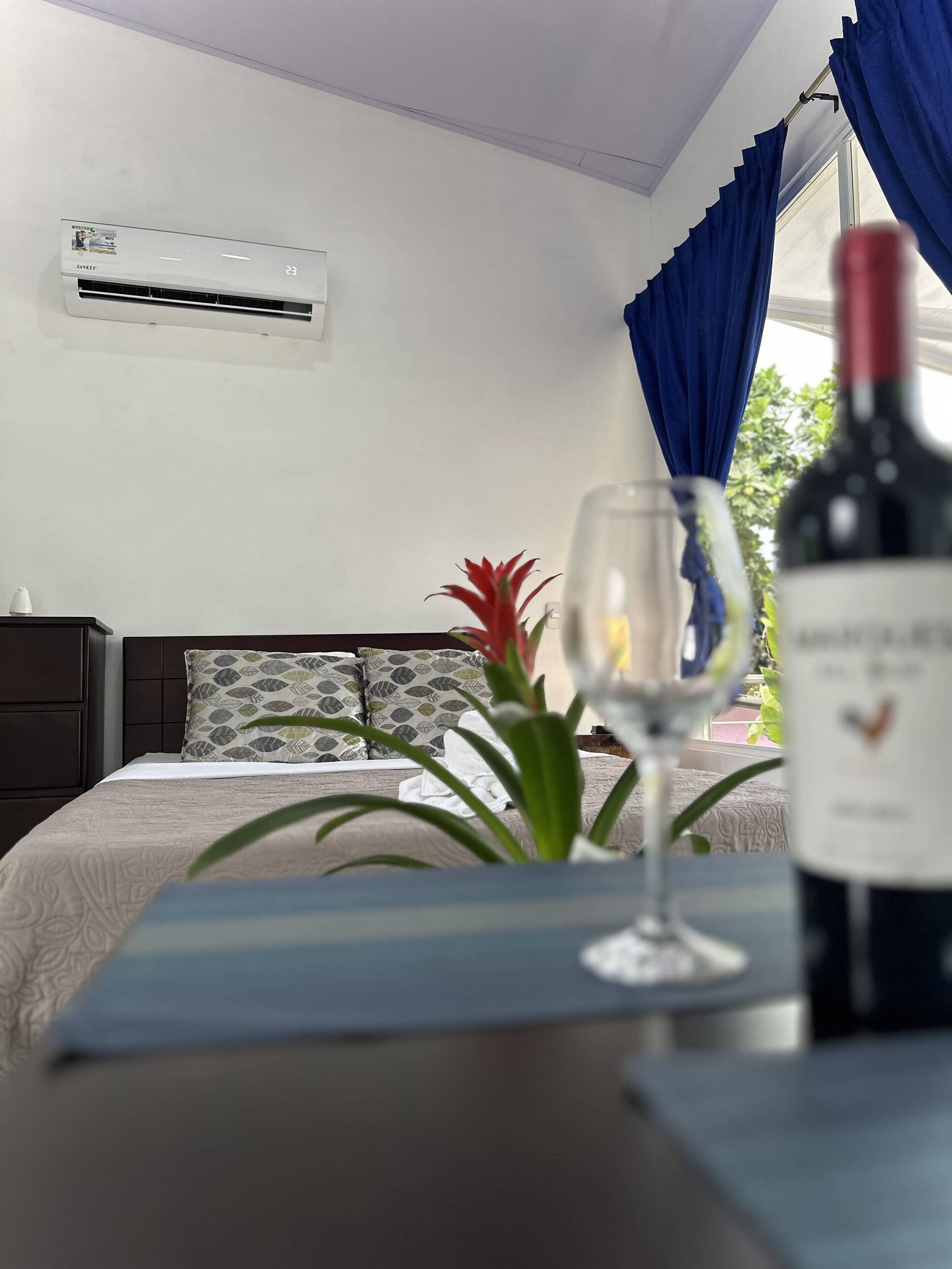 Habitación de hotel con cama, mesita de noche con botella de vino y copa, planta en maceta y ventana con cortinas.