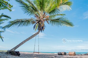 Escena de playa con una palmera, una hamaca y cielo despejado.