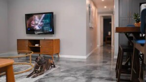 A modern living room with a flat-screen TV, a wooden cabinet, and a dog lying on a rug.