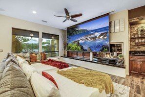 TV, fireplace, video games, stereo