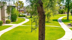 Une pelouse bien entretenue, avec un chemin sinueux et un grand arbre au premier plan.