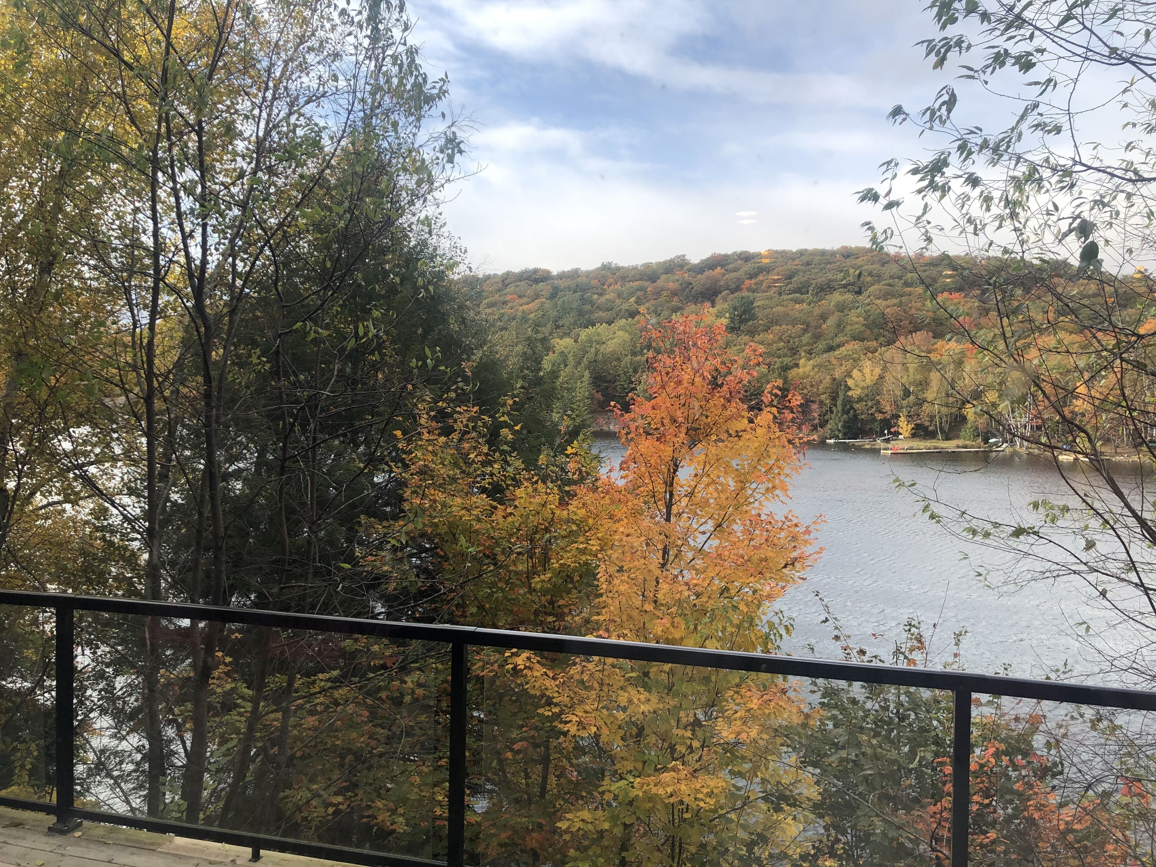A view from a balcony overlooking a lake surrounded by autumn foliage.