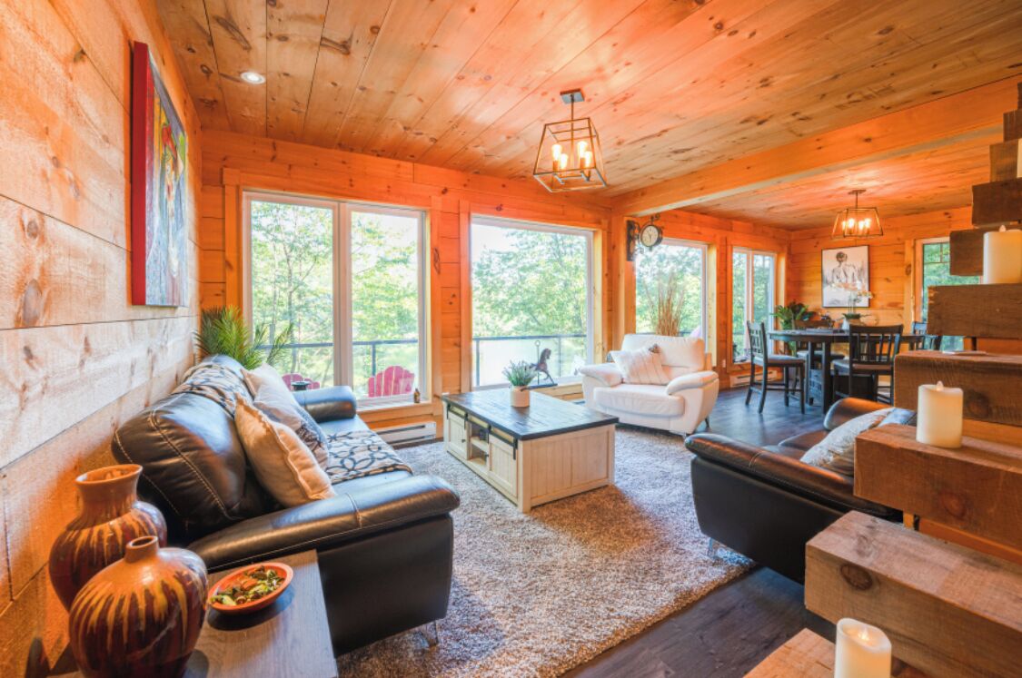 Smart TV, fireplace, books, stereo