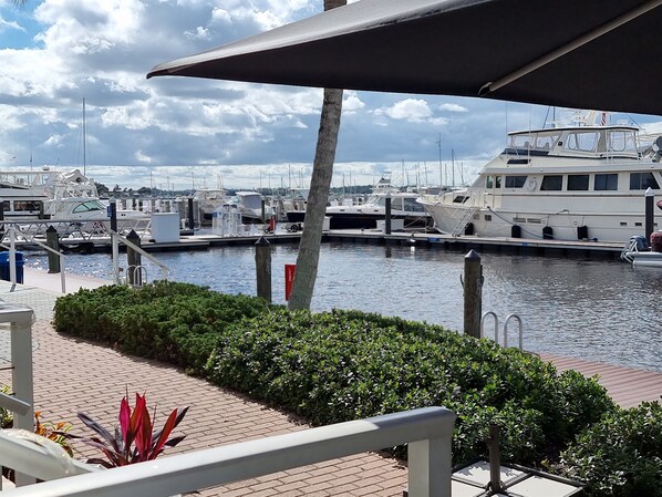 A marina with boats docked, a covered walkway, and a view of the water.