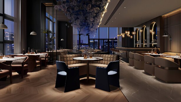 A modern interior with a central seating area, a bar, and a view of the cityscape. - Holiday Inn Express Chengdu Pidu by IHG (Chengdu)