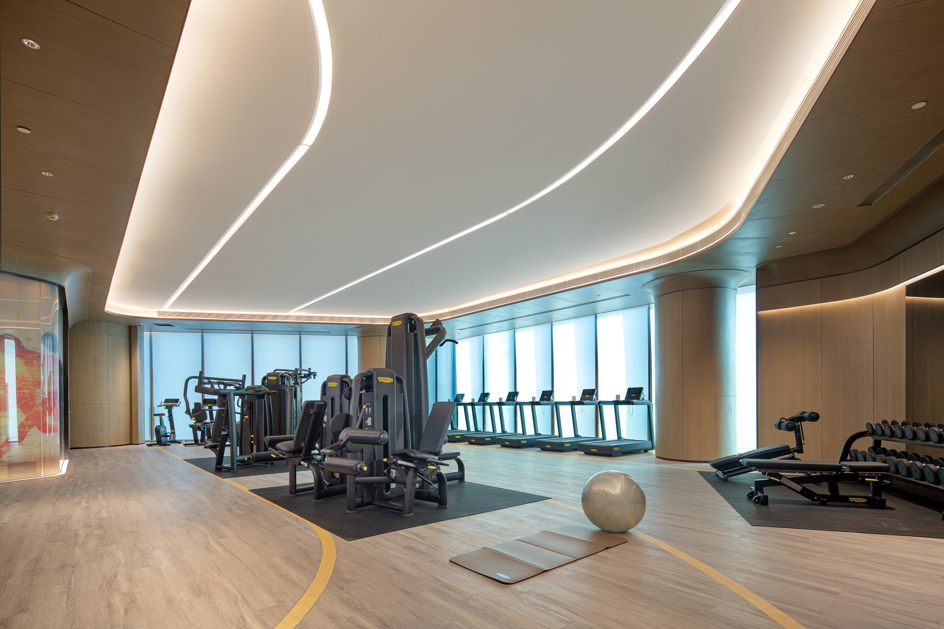 Une salle de sport moderne équipée de machines de cardio, d’appareils de musculation et d’un grand ballon d’exercice.