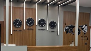 Un comptoir d’accueil avec des horloges indiquant l’heure à New York, Londres, Istanbul et Tokyo.