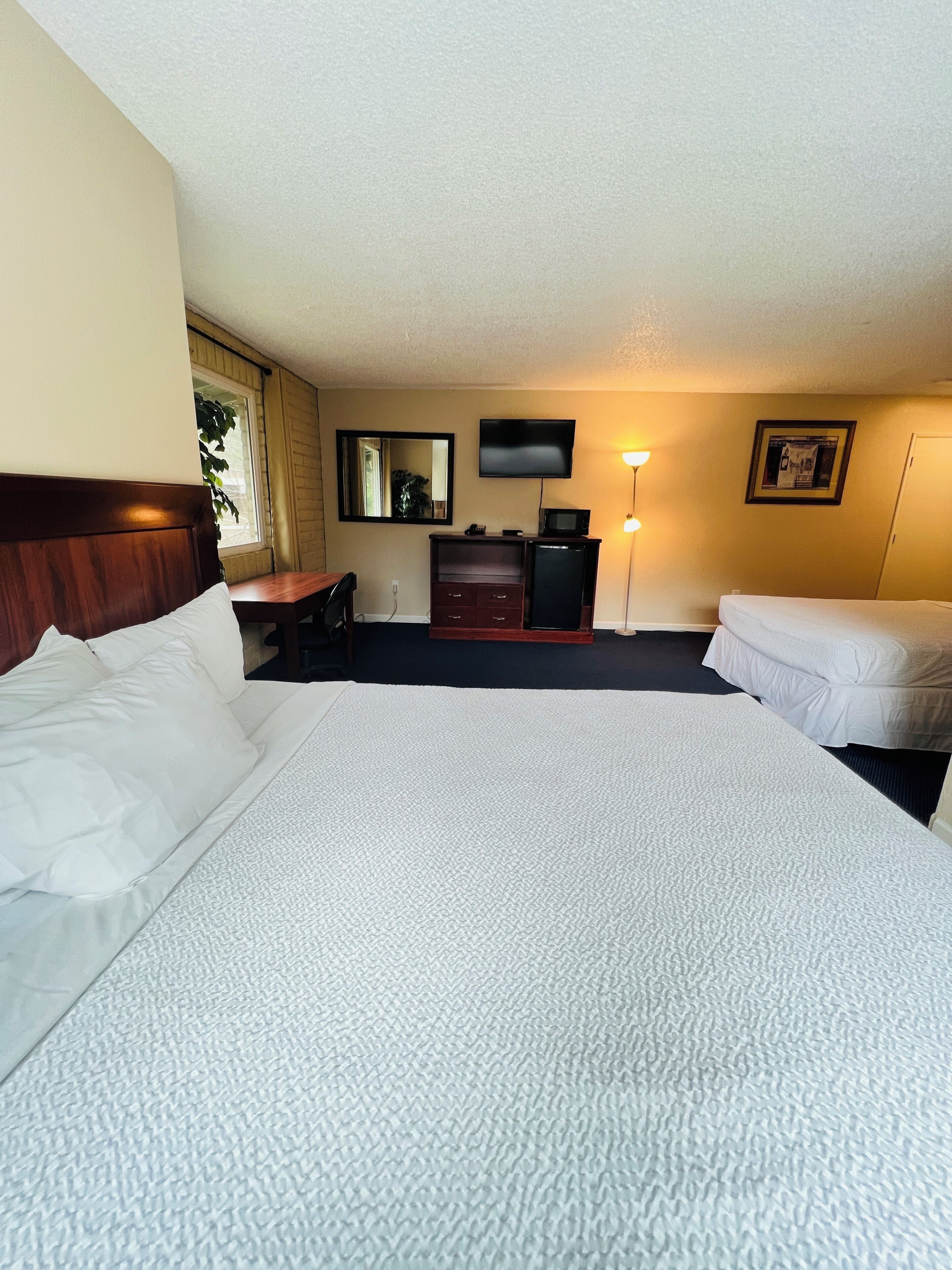 A hotel room with a large bed, a desk, a dresser, a television, and a lamp.