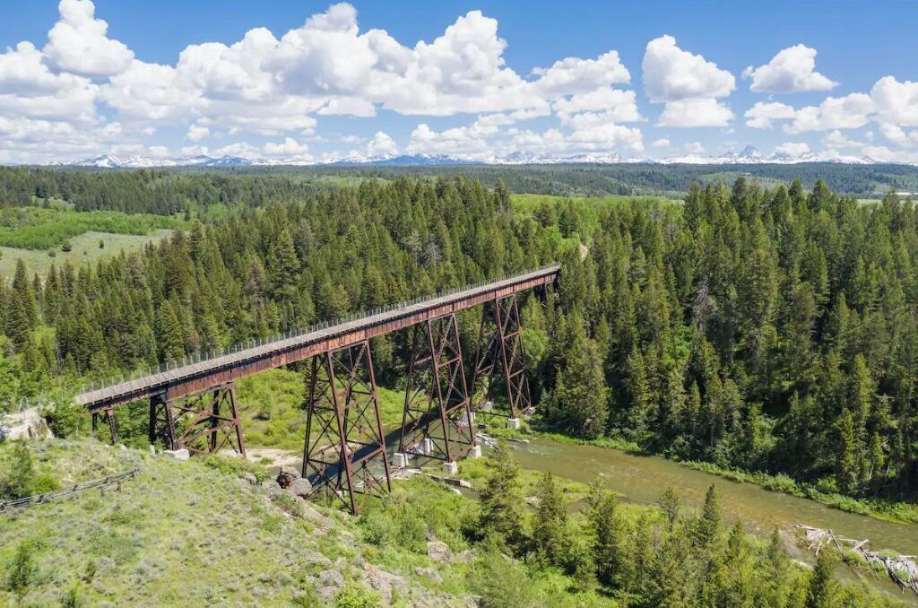 A railway bridge over a river in a forested area with mountains in the background.