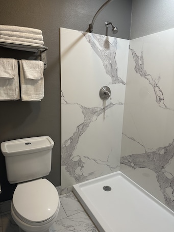 Separate bathtub and shower, rainfall showerhead, designer toiletries. ROYAL MOTEL TRACY LLC