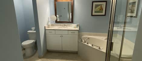 Combined shower/bathtub, jetted bath, hair dryer, towels
