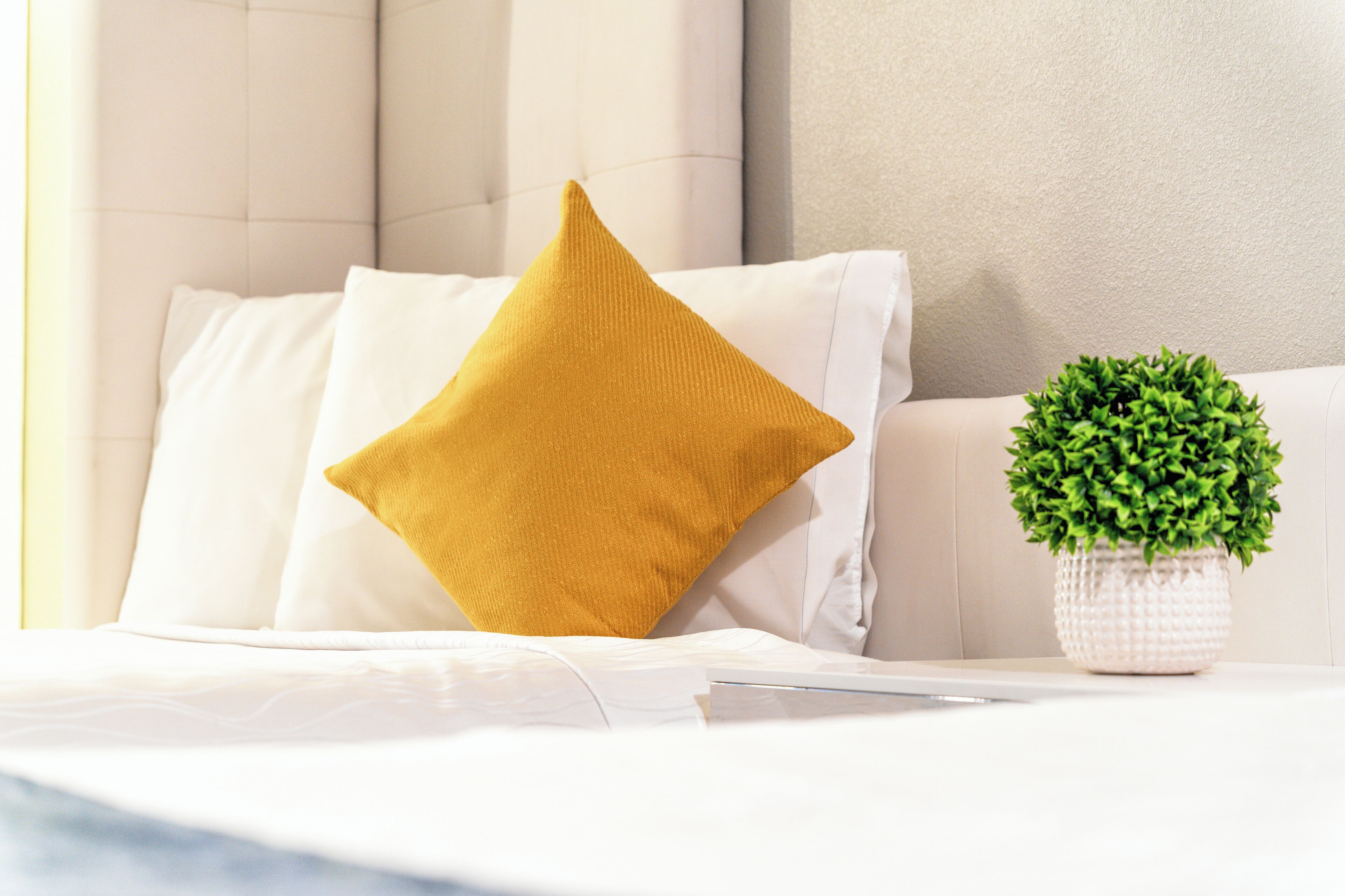 A neatly made bed with white bedding and a mustard-colored pillow, a small potted plant on a white bedside table, and a white headboard.