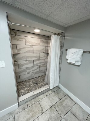 Douche, serviettes fournies, papier de toilette