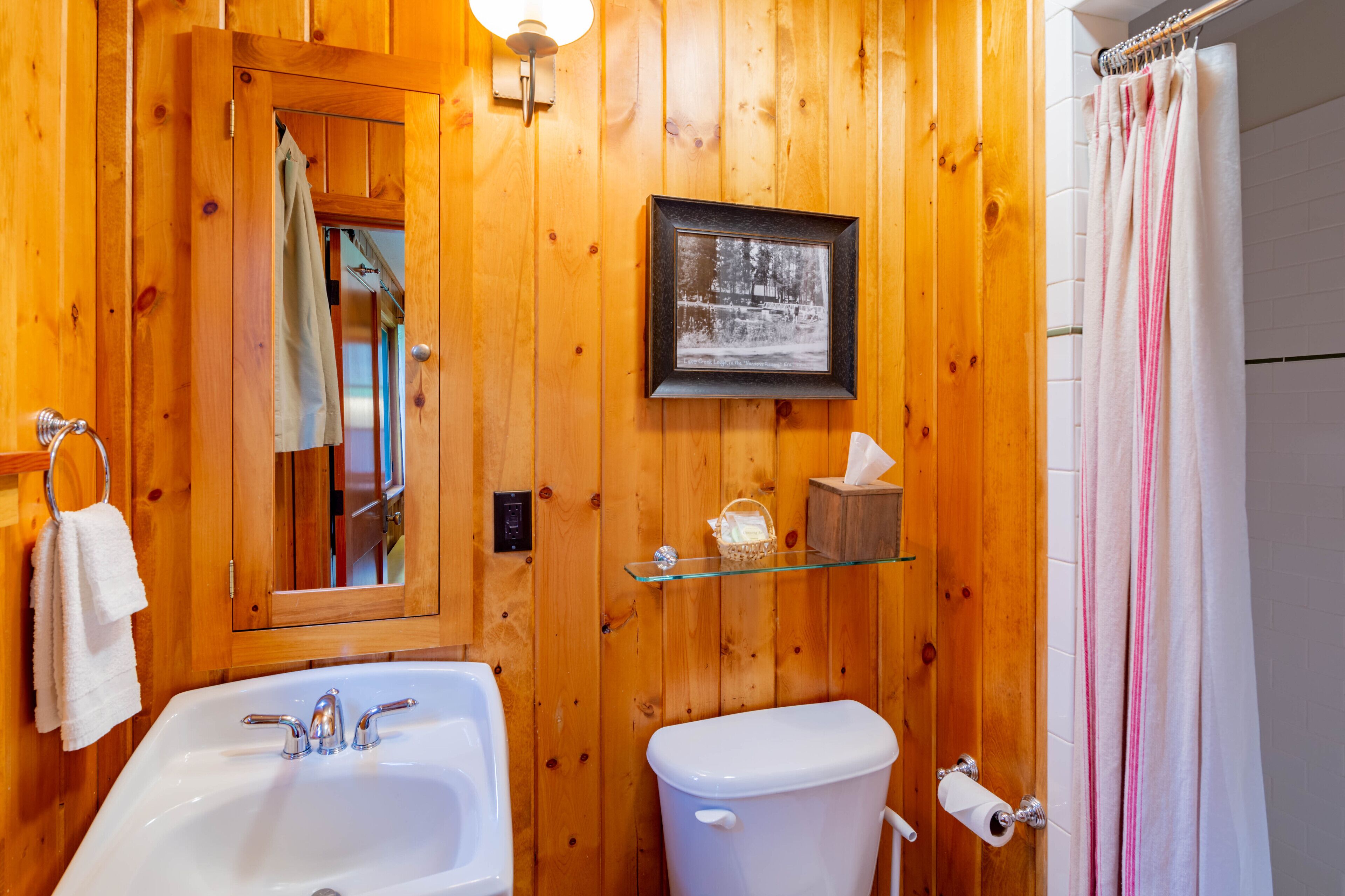Een badkamer met houten lambrisering, een wit wastafelmeubel, toilet en een lijstwerk met een foto aan de muur.