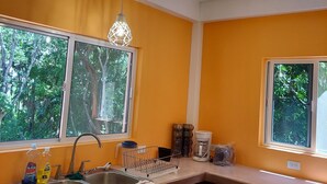 Una cocina con un lavamanos, una cafetera y un lámpara colgante.