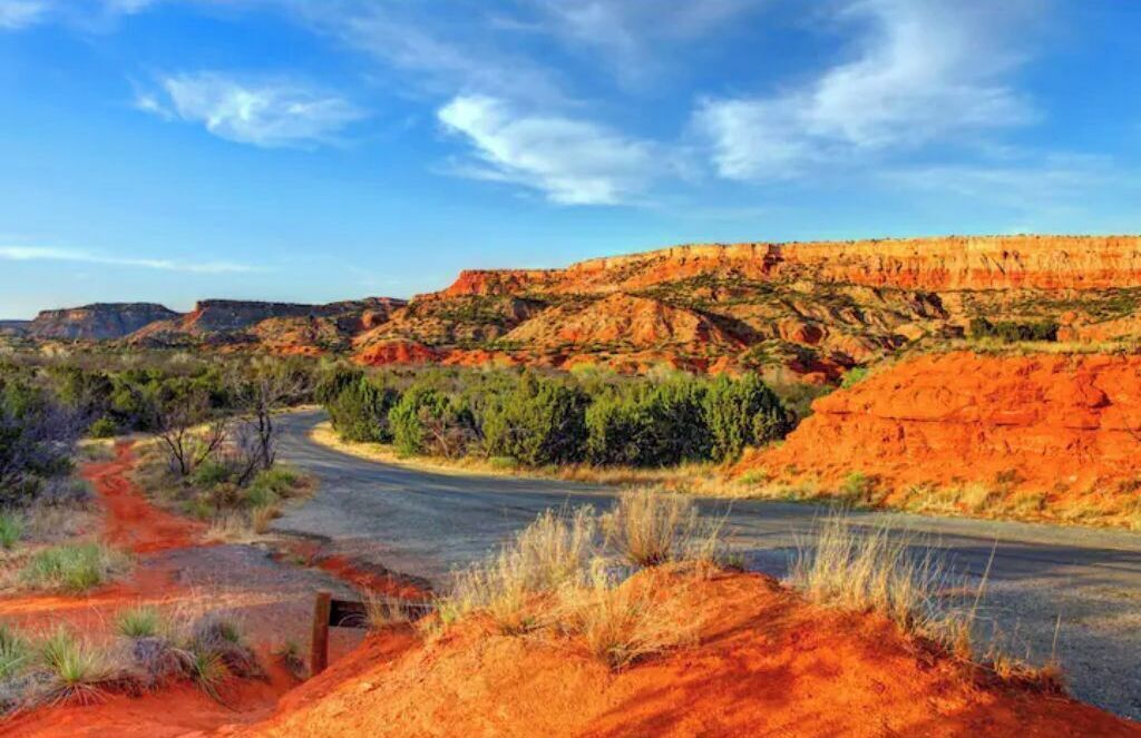 A road winding through a red rock canyon with sparse vegetation and a clear blue sky.