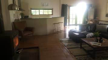 Smart TV, fireplace, DVD player, books
