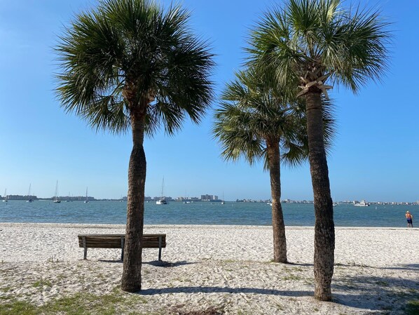 Nära stranden, solstolar och strandhanddukar