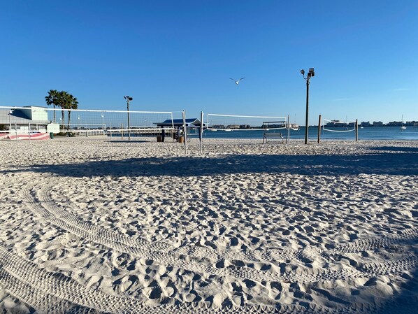 On the beach, sun loungers, beach towels