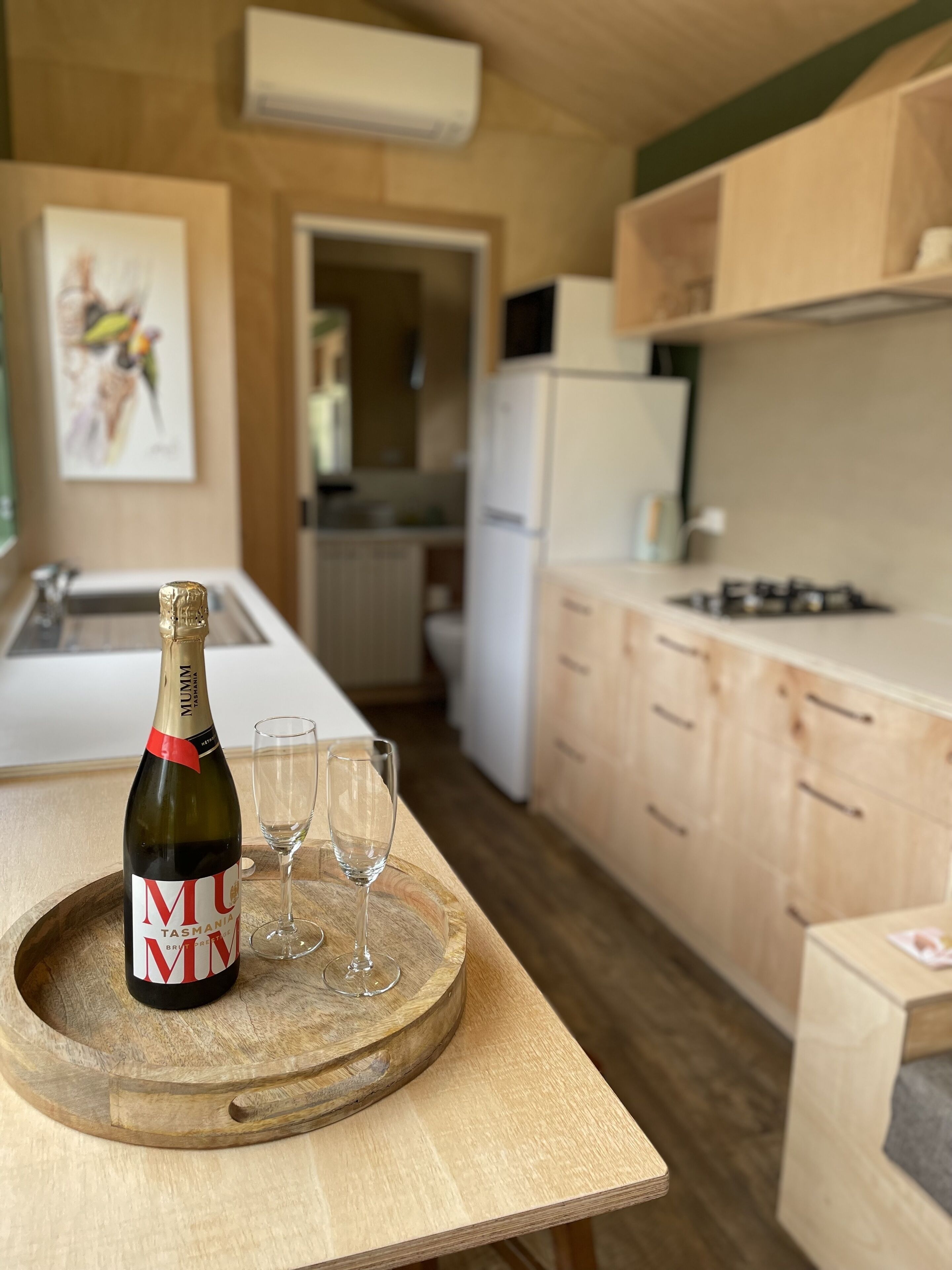 Deluxe Cabin | Private kitchen | Full-size fridge, microwave, stovetop, electric kettle