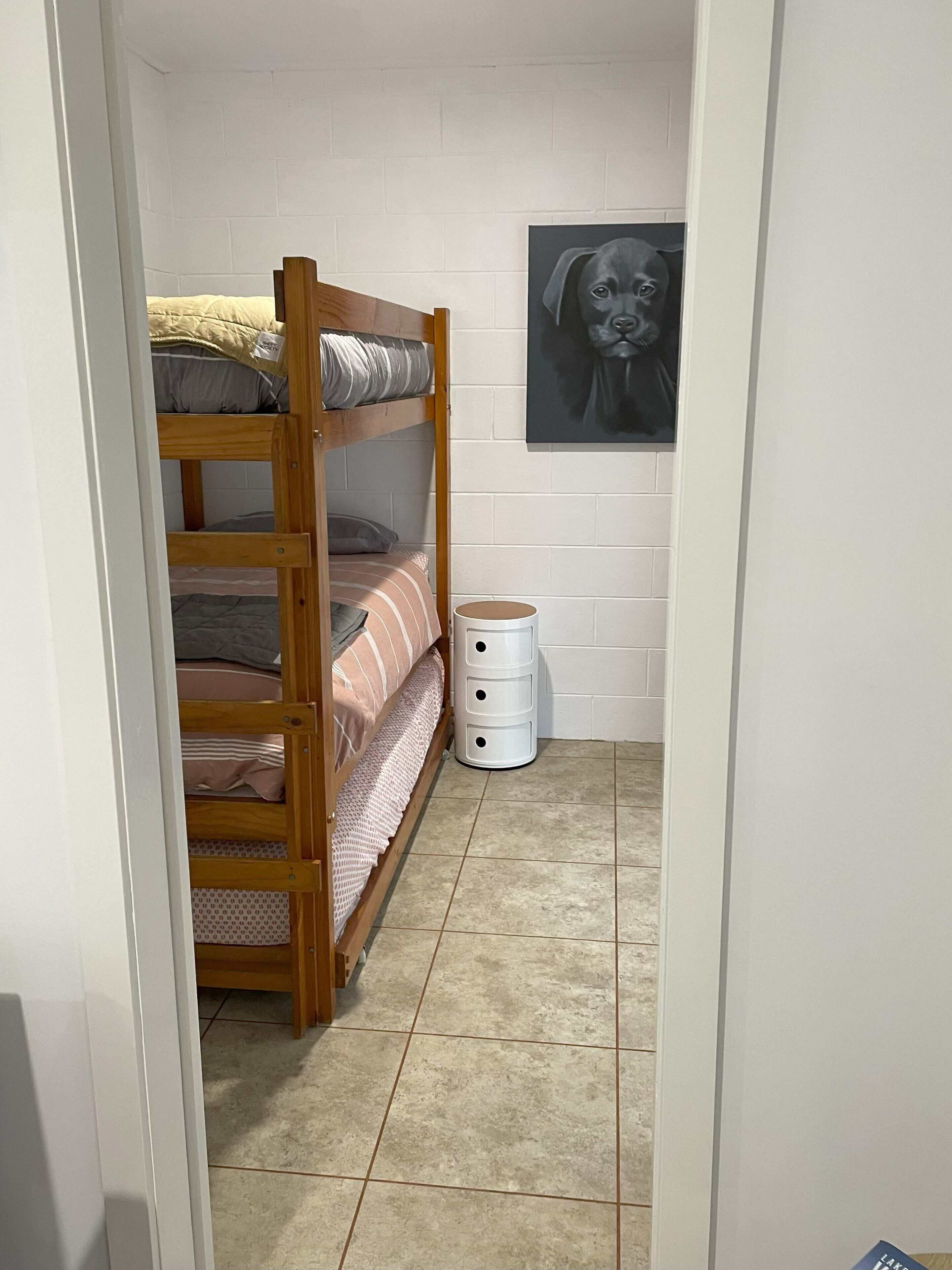 A narrow room with a bunk bed, a white storage unit, and a framed picture on the wall.