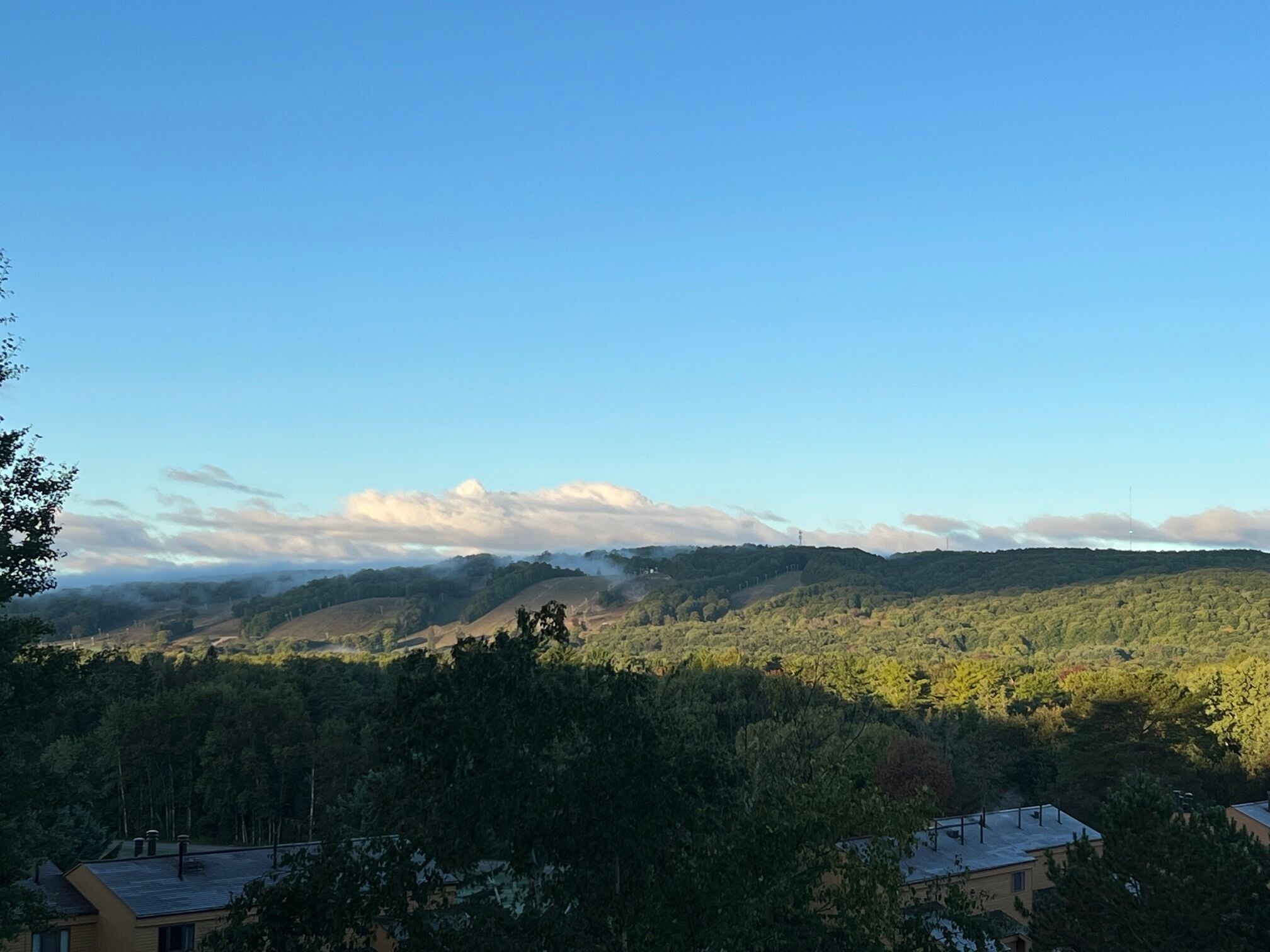 Vista di una zona residenziale con case e colline ricoperte da una fitta vegetazione sullo sfondo.