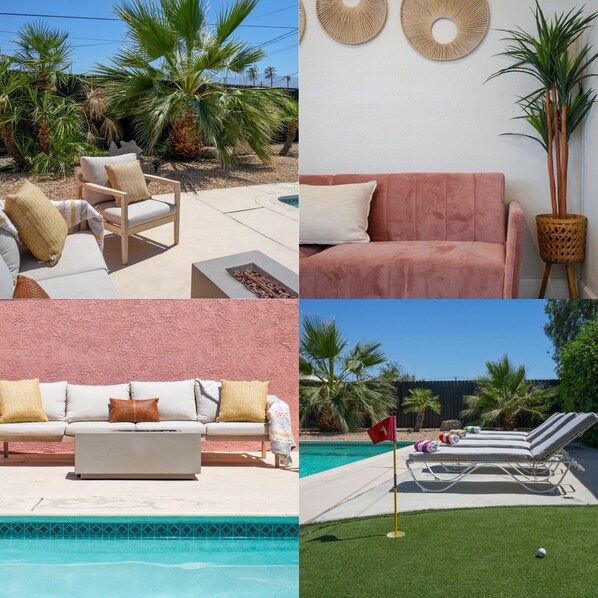 A pool area with lounge chairs, a sofa, and a flag indicating a golfing area. - 4bd & Sleeps up to 10 - Saltwater Pool, Sunloungers, Mini Golf & Game Room (Indio)