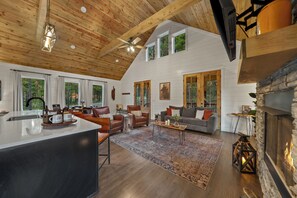 Smart TV, fireplace, DVD player, books