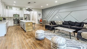 A modern kitchen with white cabinets, a central island, and stainless steel appliances. - "Stunning Home New Listing in the shadows of Downtown Houston A must SEE" (Houston)