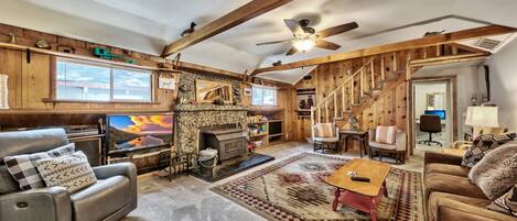 Smart TV, fireplace, table football, books