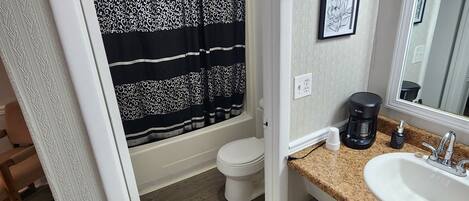 A bathroom with a shower curtain, toilet, sink, coffee maker, and a framed picture on the wall.