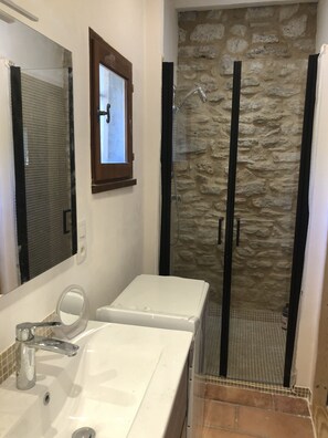Douche, sèche-cheveux, serviettes fournies, papier toilette