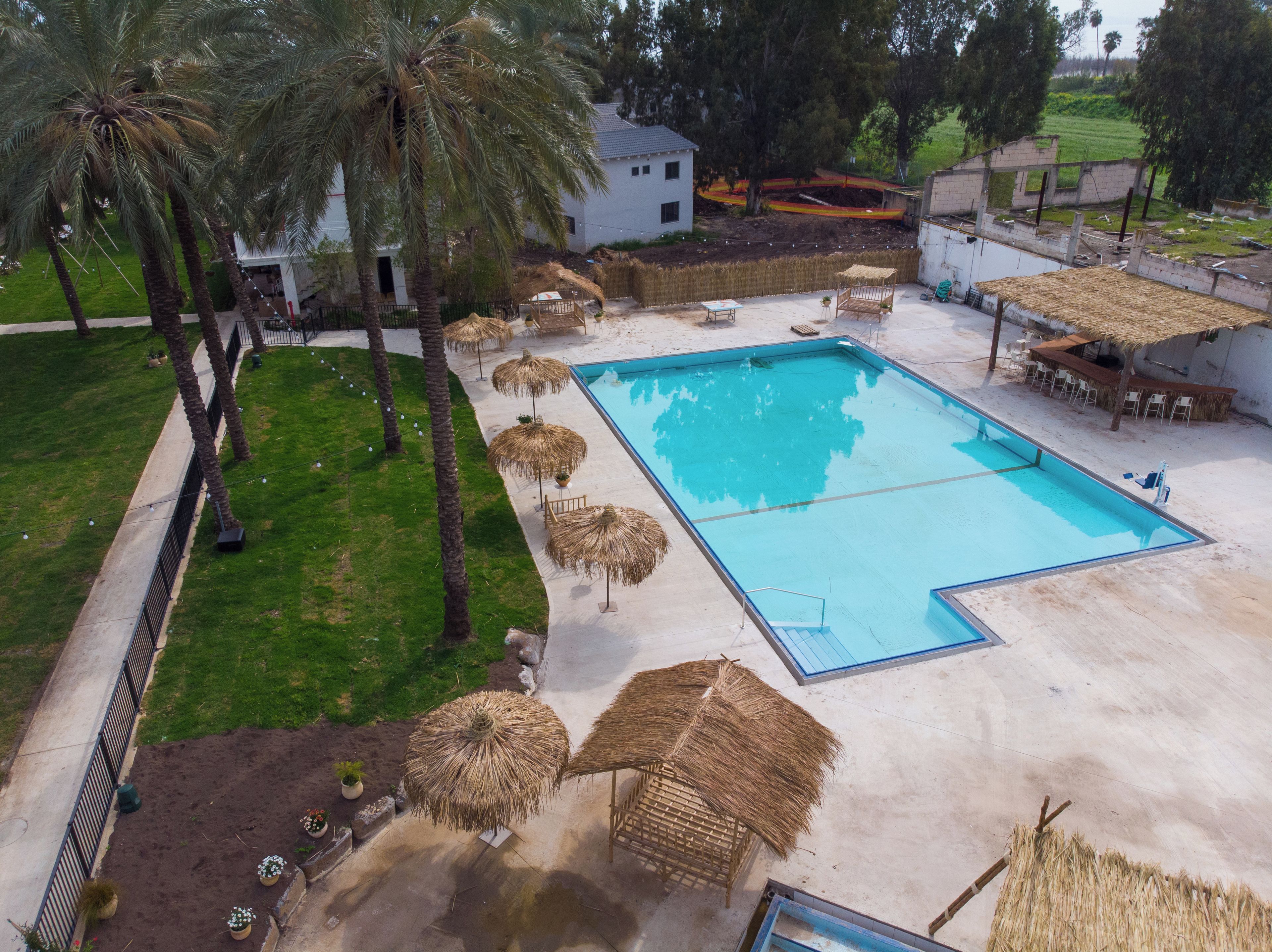 A swimming pool with a surrounding deck, palm trees, and thatched umbrellas.