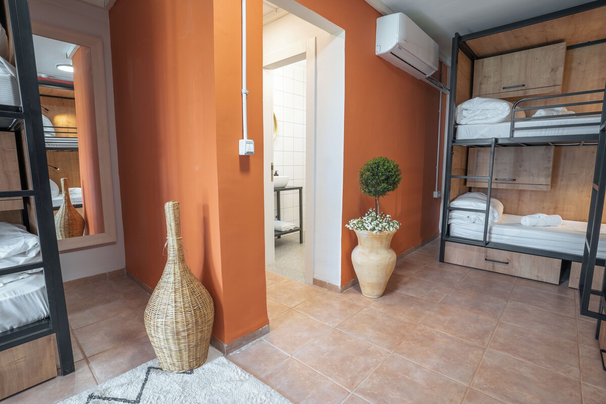 A room with bunk beds, a large vase, and a potted plant.
